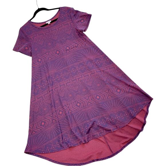 LuLaRoe Carly Small Jacquard Purple Pink Geometric High Low A-Line Swing Dress - Picture 1 of 9